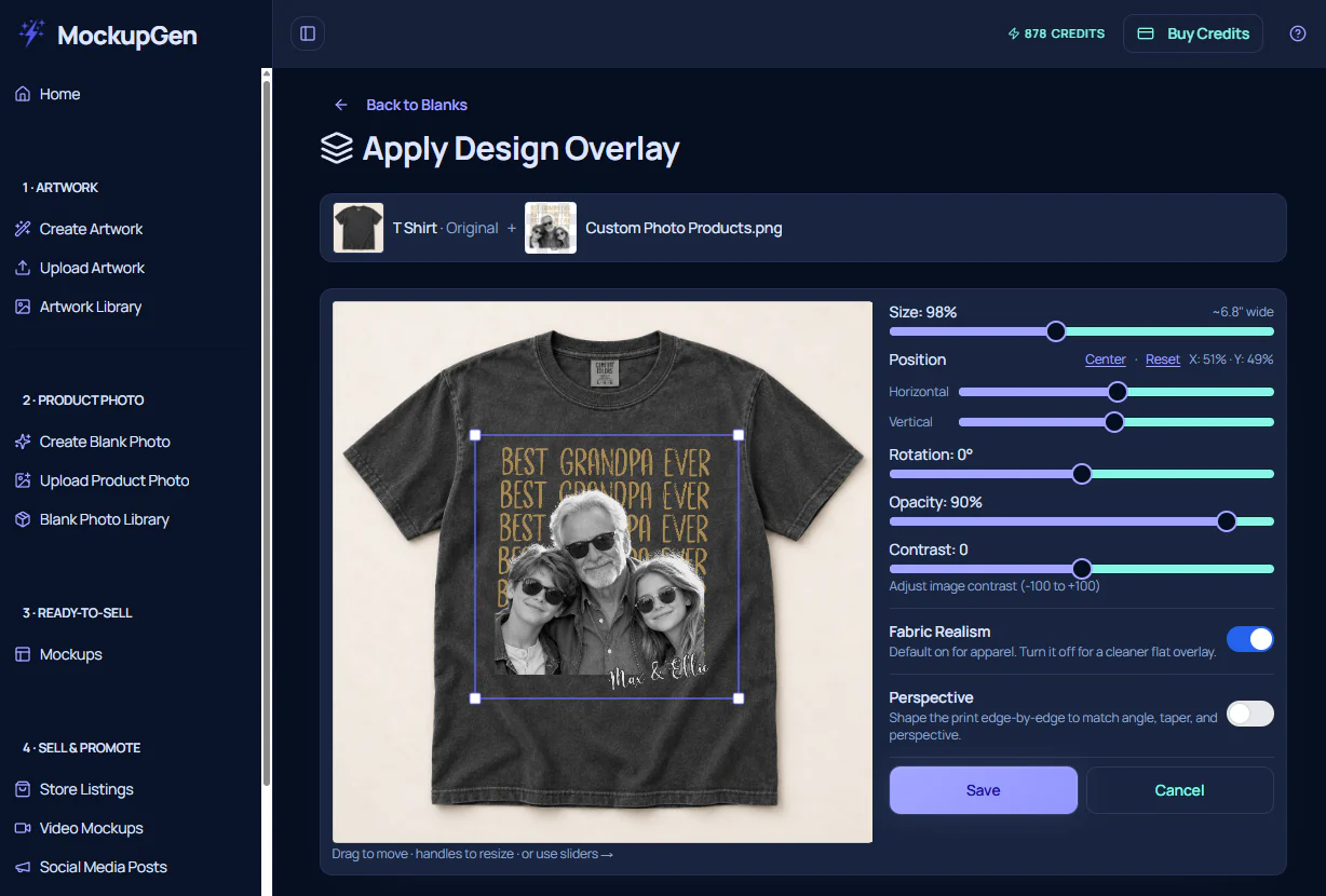The real MockupGen editor showing manual artwork placement and fabric realism controls