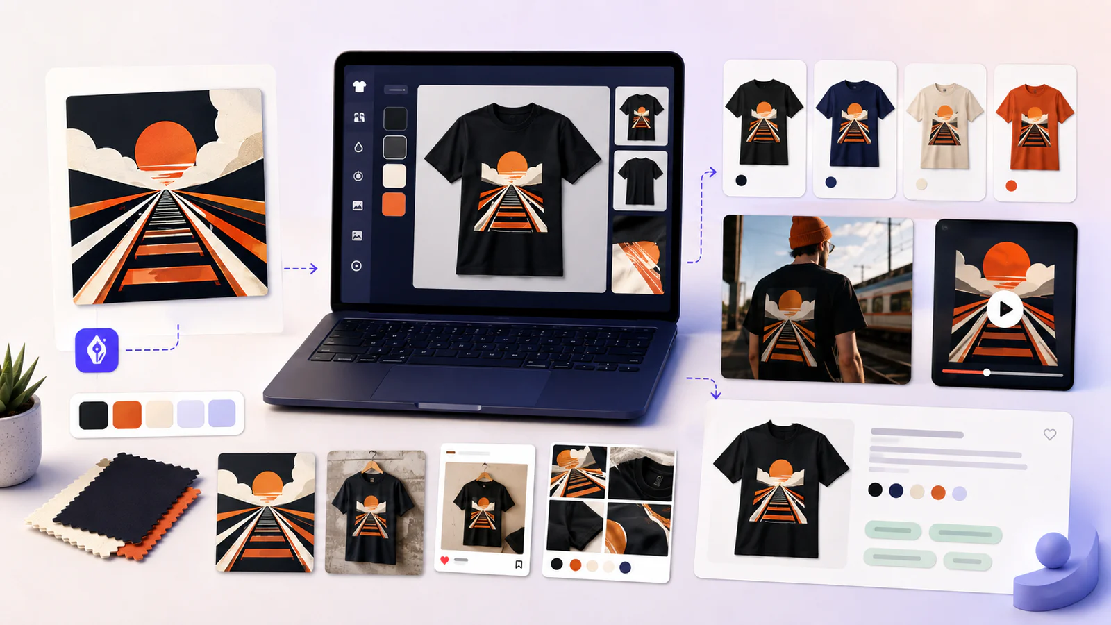 MockupGen workflow showing artwork, a POD product mockup, and Etsy-ready listing content