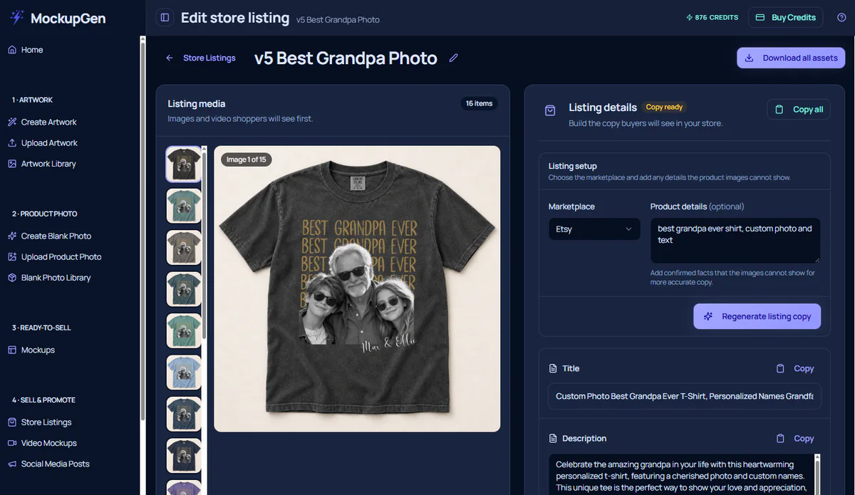 Real Etsy listing copy generated inside MockupGen