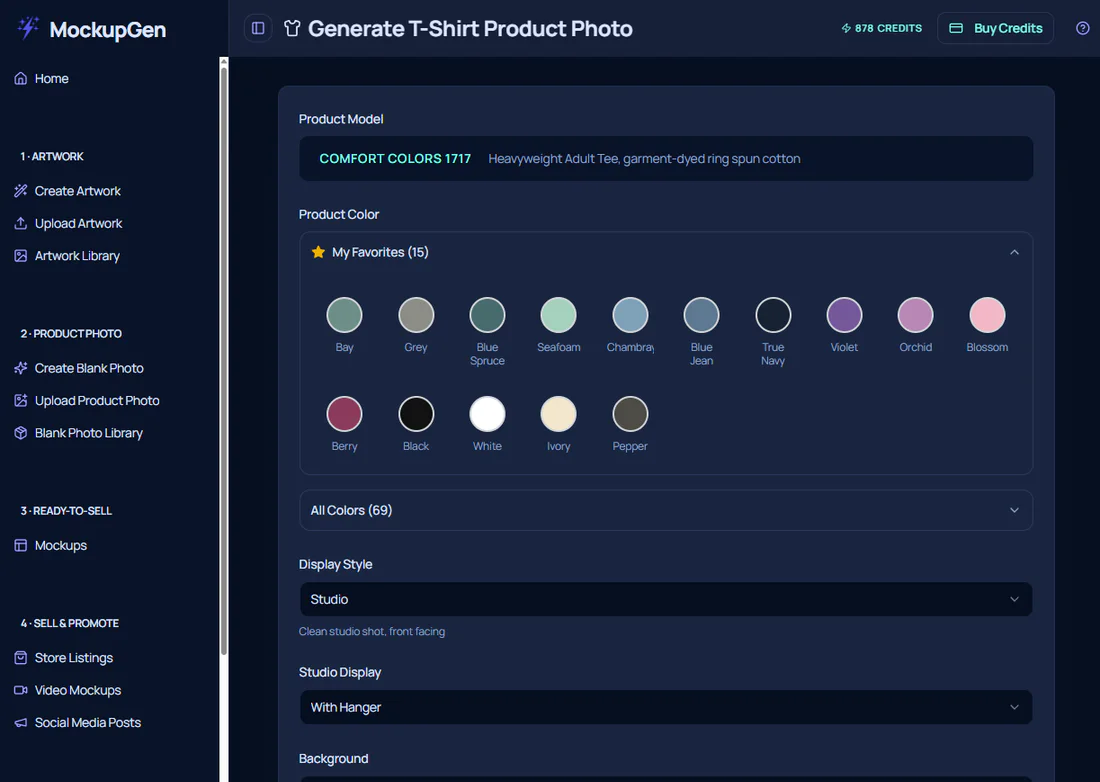 The real MockupGen Comfort Colors 1717 product and colour selection screen